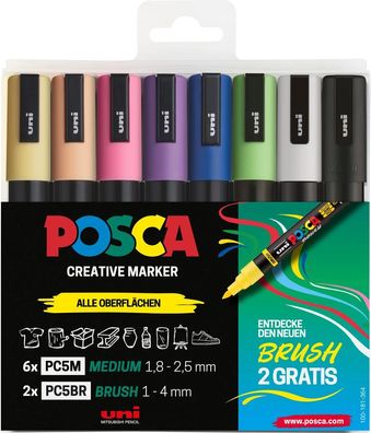 Posca Marker Brush Pen 6 + 2 Set, PC-5M/5BR