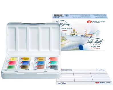 White Nights Aquarell-Set Plein Air, 12 ganze Näpfe im Etui