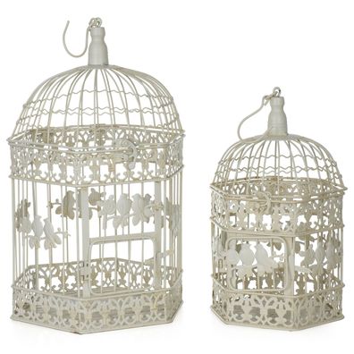Vintage Vogelkäfig Deko Set 2-teilig creme aus Metall 50 x 26 x 24 cm & 41 x 20 x 18