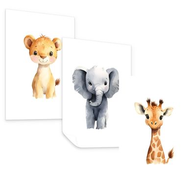 Muralo Poster Set für Kinderzimmer Wildetiere Löwe Elefant Giraffe 3x Poster