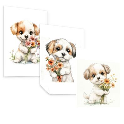 Muralo Poster Set für Kinderzimmer HUNDE Welpen Blumen Tiere 3x Poster