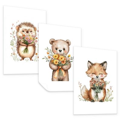 Muralo Poster Set ohne Rahmen für Kinder Waldtiere Blumen Pflanzen 3x Poster