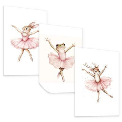 Muralo Poster Set ohne Rahmen für Kinderzimmer TIERE Ballerina 3x Deko Poster