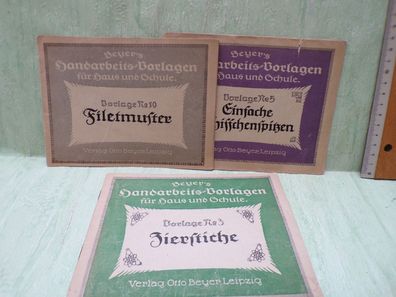 3x Otto Beyer Handarbeitsvorlagen Zierstiche Filetmuster Schiffchenspitzen Reclam