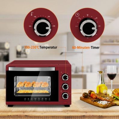 WOLTU 21L Backofen 1280W 60Min. Timer, 3 Heizmodi + Backzubehör, 100-230 °C. Rot