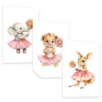 Muralo Poster Set ohne Rahmen für Kinder TIERE mit Lutschern 3x Deko Poster