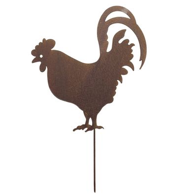 Gartenstecker Hahn aus Metall Edelrost-Optik 30 x 46 cm Gartendeko Rostfigur Hühnerde
