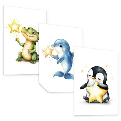 Muralo Poster Set für Kinderzimmer TIERE Sterne Krokodil Delfin Pinguin