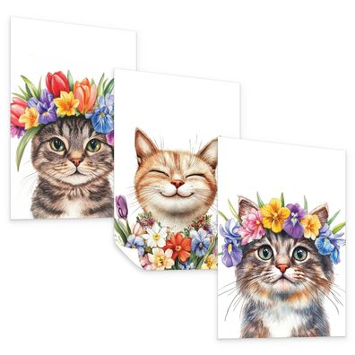 Muralo Poster Set für Kinderzimmer KATZEN Blumen Tiere Pflanzen 3x Deko Poster