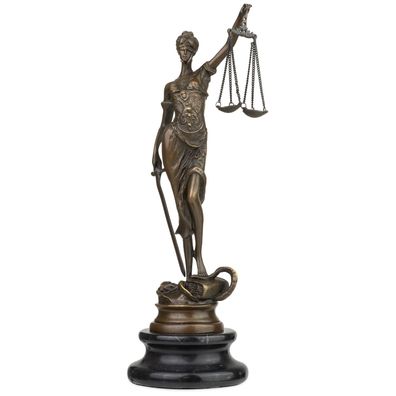 Bronzefigur Lady Justice mit Waage und Schwert - Justitia Figur auf Marmorsockel - 7,