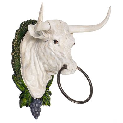 Handtuchhalter Stierkopf Gusseisen Wandhalterung Kuhkopf mit Ring Weiß Antik Design 2
