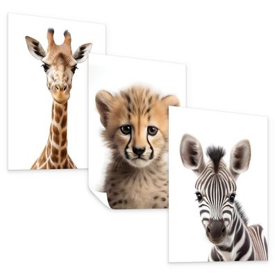 Muralo Poster Set ohne Rahmen für Kinderzimmer Wildtiere Giraffe Gepard Zebra