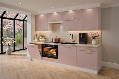 Küchenzeile Siena 240 cm Puderrosa Matt- Küche, Küchenblock 2,4m, Einbauküche