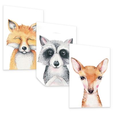 Muralo Poster Set ohne Rahmen für Kinderzimmer Waldtiere Fuchs Waschbär Reh