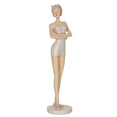 Dekofigur Frau mit Badeanzug und Badehaube Weiß Beige Vintage Retro Look 33cm hoch