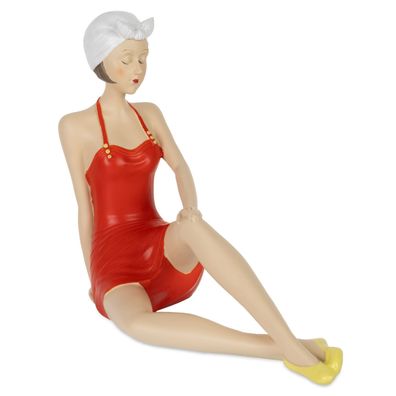 Dekofigur Retro Badefigur sitzend rot mit weißer Badekappe und gelben Schuhen