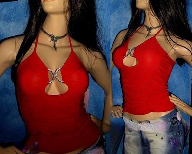 SeXy Miss Damen Girly Neckholder out cut Top Raff silber )( Schnalle XS/S rot