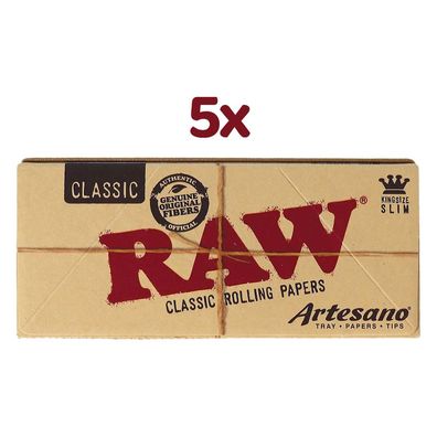 RAW Artesano King Size Slim Papers, 5 Hefte à 32 Blatt + 32 Tips + Tray