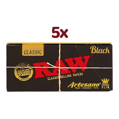 RAW Black Artesano King Size Slim Papers, 5 Hefte à 32 Blatt + 32 Tips + Tray