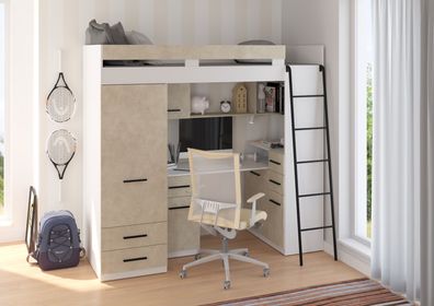 Etagenbett SMY-P mit Leiter rechts, Kleiderschrank, Schreibtisch und viele Regale