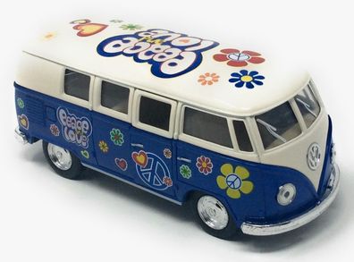 Bus T1 Peace and Love blau / beige Modellauto Rückziehmotor