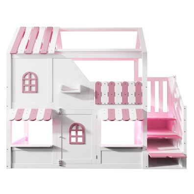 Kinder-Etagenbett 90x200 Hausbett mit LED, Stauraumleiter