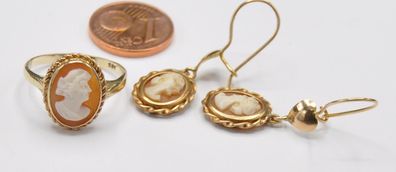 Set Ring Ohrringe Ohrhänger Gemme Kamee 585 Gold Antik Vintage