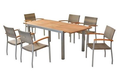 Silano Gartenmöbel Set 7tlg., 6 Stapelsessel, Ausziehtisch 150 (200) x 90 cm, Alu/Kun