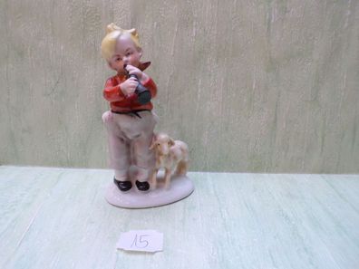 Wagner & Apel 1877 GDR Hirtenbub Flötenspieler Schaf ca 14cm Figur Porzellan