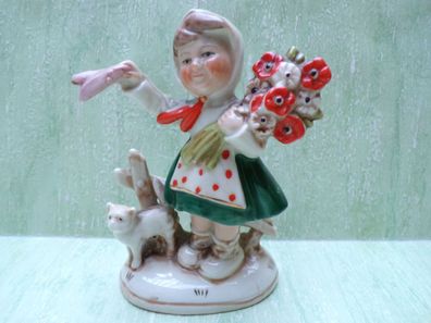 Waldershof Germany Figur Mädel Mädchen Kind winkt Katze Blumenstrauß
