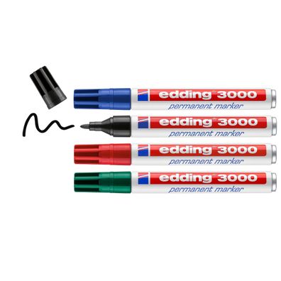 edding 3000 4 x Permanentmarker Farben Schwarz Rot Blau Grün Set