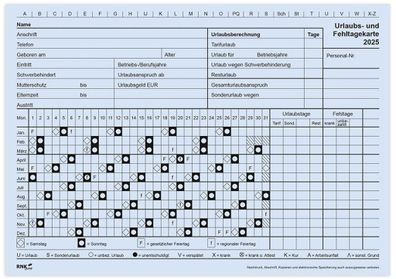 Urlaubs- und Fehltagekarte 2025, grafisch, A5
