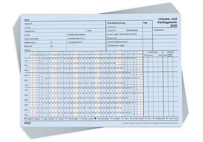 Urlaubs- und Fehltagekarte 2025, tabell., A5, 1 Pkg. à 10 Stk