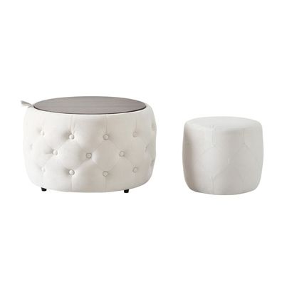 2er-Set Nesting-Hocker Beige rund mit Stauraum Holzablage modern