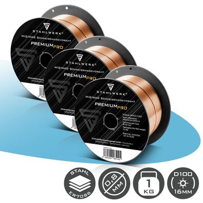 Stahlwerk Schweißdraht MIG MAG ER70S-6 0,8 mm 1 kg D100 Drahtrolle 3er Set