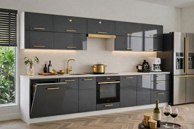 Küchenzeile Emma 340 cm DW MDF Grau Hochglanz- Küche 3,4m, mit Arbeitsplatte