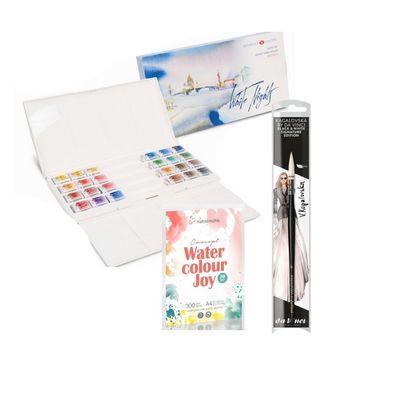 Aquarell Starter Set – White Nights 24 Farben + Hahnemühle Joy A4 + Da Vinci Verwasch