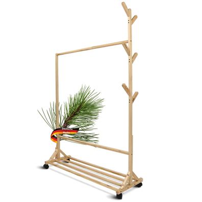 Garderobe Rollen SEMU Massivholz 6 Haken Garberobenständer Flur Kleiderstange für