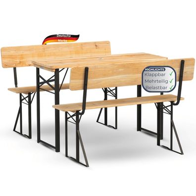 Bierzeltgarnitur Lehne klappbar Holz 120 klein RINHO 3-tlg. 2x Bierbank 1xBiertisch