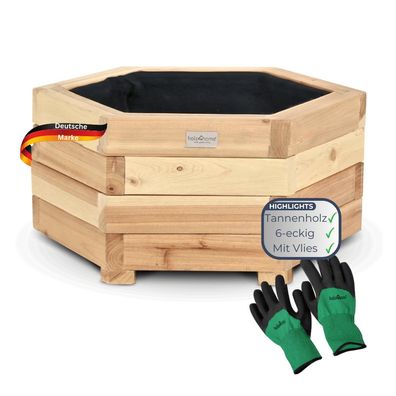 Pflanzkasten Holz 6-eckig MICHA Vlies und Handschuhe Pflanzkübel Tannenholz