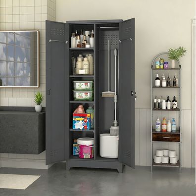 Metall Besenschrank 165 cm mit Türen Regalen Stange S-Haken Werkzeug
