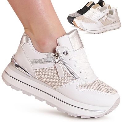 topschuhe24 3224 Damen Plateau Sneaker Keilabsatz Turnschuhe