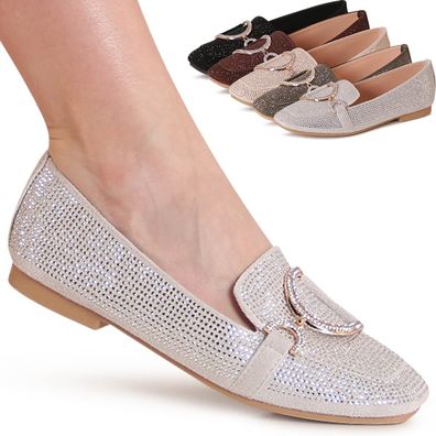 topschuhe24 3227 Damen Glitzer Mokassins Komfort Slipper