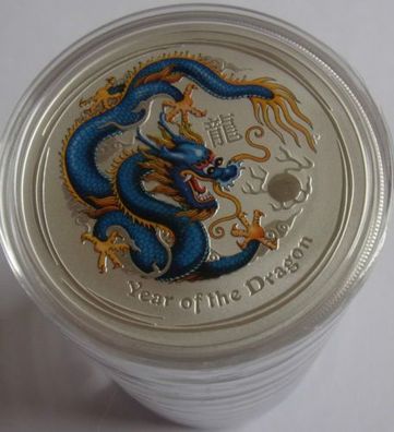 5 x 2012 Lunar II DRAGON-Drache, je 1 oz coloriertes BU Silber, BLUE, 1/4 Münzrolle