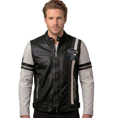 Mauritius - Herren Echtleder Lederjacke Racingjacke Lammnappa schwarz weiß