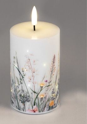 LED Kerze mit Wiesenmotiv, Weiss, 7x10 cm, Fiberglas, Fruehlingsdekoration