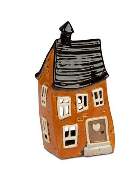 Dekoratives Windlicht Schiefes Haus, ranges, Handbemalt, Steinzeug, 22 cm