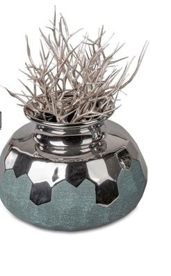 Vase petrol-silber 20x15m aus Keramik matt reliefierte Oberflaeche