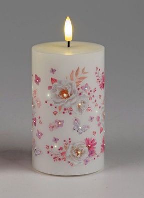 LED Kerze mit Rosen-Design, Weiss mit Rosa Blumen und Schmetterlingen, 7x10 cm, Fiber