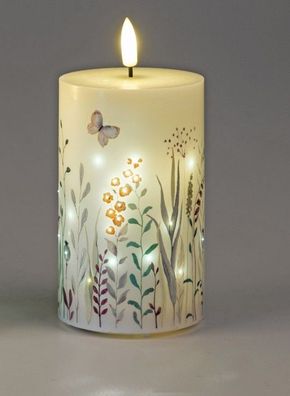 LED-Kerze mit Blumen und Schmetterling Dekoration, Stumpenkerze 7x12cm